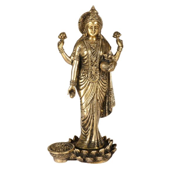 Hindu Goddess Maa Laxmi Idol Brass Statue Standing in Loltus Lakshmi for Temple Puja Home Decor Murti Office Gift Item Showpiece