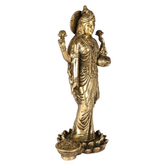 Hindu Goddess Maa Laxmi Idol Brass Statue Standing in Loltus Lakshmi for Temple Puja Home Decor Murti Office Gift Item Showpiece - Image 2