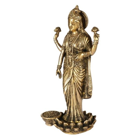 Hindu Goddess Maa Laxmi Idol Brass Statue Standing in Loltus Lakshmi for Temple Puja Home Decor Murti Office Gift Item Showpiece - Image 3