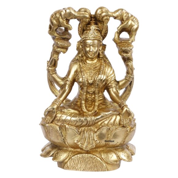 Goddess Maa Laxmi Idol Gajalakshmi Brass Statue Sitting on Lotus Two Auspicious Elephants Pour The Waters of Fertility Over Lakshmi for Home Decor Good Luck Vastu Remedy Gold Color 7 Inch