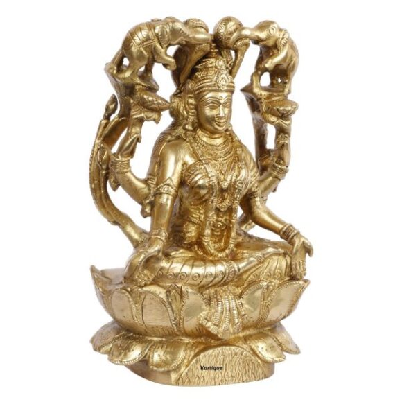 Goddess Maa Laxmi Idol Gajalakshmi Brass Statue Sitting on Lotus Two Auspicious Elephants Pour The Waters of Fertility Over Lakshmi for Home Decor Good Luck Vastu Remedy Gold Color 7 Inch - Image 2