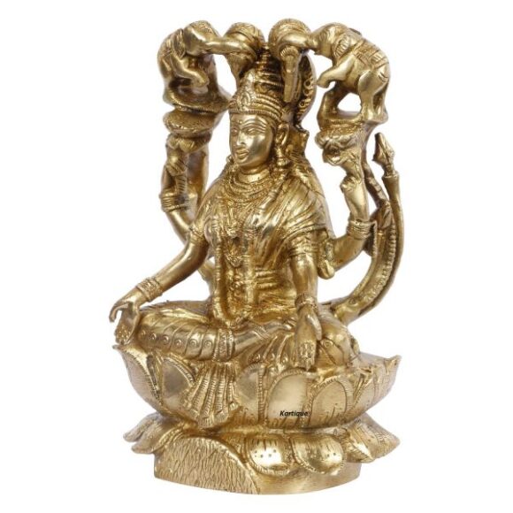 Goddess Maa Laxmi Idol Gajalakshmi Brass Statue Sitting on Lotus Two Auspicious Elephants Pour The Waters of Fertility Over Lakshmi for Home Decor Good Luck Vastu Remedy Gold Color 7 Inch - Image 3