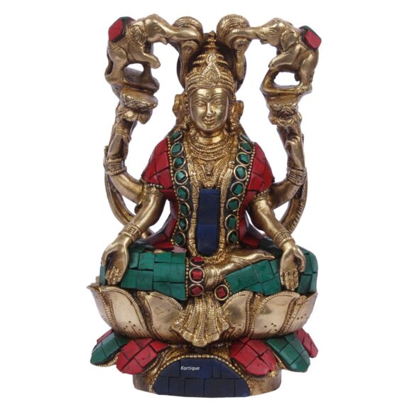 Goddess Maa Laxmi Idol Gajalakshmi Brass Statue Sitting on Lotus Two Auspicious Elephants Pour The Waters of Fertility Over Lakshmi for Home Decor Good Luck Vastu Remedy Multi Color 7 Inch