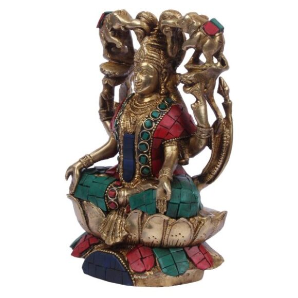 Goddess Maa Laxmi Idol Gajalakshmi Brass Statue Sitting on Lotus Two Auspicious Elephants Pour The Waters of Fertility Over Lakshmi for Home Decor Good Luck Vastu Remedy Multi Color 7 Inch - Image 2