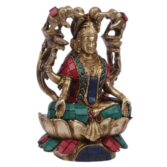 Goddess Maa Laxmi Idol Gajalakshmi Brass Statue Sitting on Lotus Two Auspicious Elephants Pour The Waters of Fertility Over Lakshmi for Home Decor Good Luck Vastu Remedy Multi Color 7 Inch - Image 3