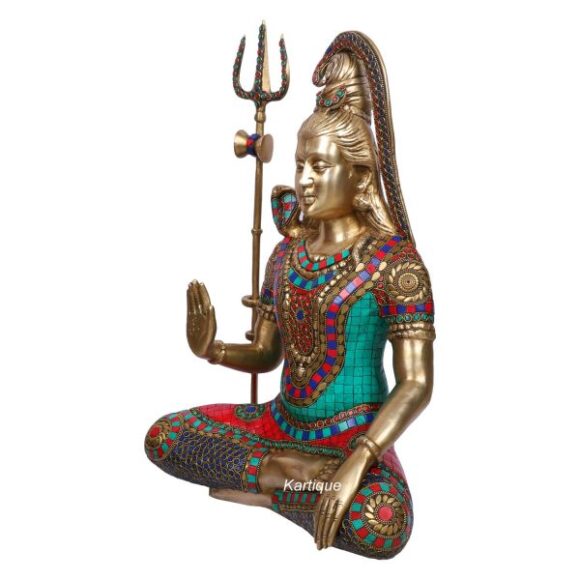 Brass Lord Shiva Idol in Blessing Posture with Trishul and Damru Shiv Murti Statue with Ma Ganga for House Mandir House Warming Mahashivaratri Gift Multi Color Height 19 Inch - Image 2