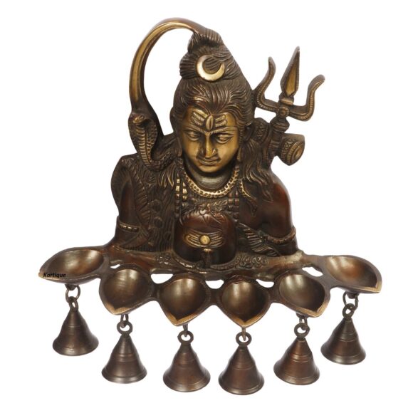 Brass Decor Wall Hanging Shankar Bhagwan Murti Shiva Statue Puja Idol with Diyas and Bells Antique Bronze Color Height 12 Inch Visit the Kartique Store