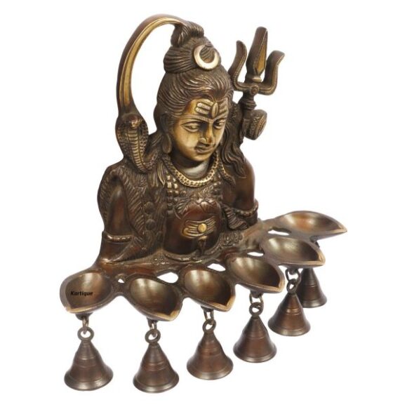 Brass Decor Wall Hanging Shankar Bhagwan Murti Shiva Statue Puja Idol with Diyas and Bells Antique Bronze Color Height 12 Inch Visit the Kartique Store - Image 2