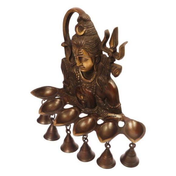 Brass Decor Wall Hanging Shankar Bhagwan Murti Shiva Statue Puja Idol with Diyas and Bells Antique Bronze Color Height 12 Inch Visit the Kartique Store - Image 3