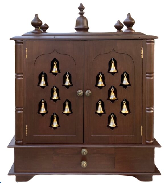Pooja Mandir for home ,religious living House Office Decoration room handmade temple, Original Wood god stand with Doors with brass bells