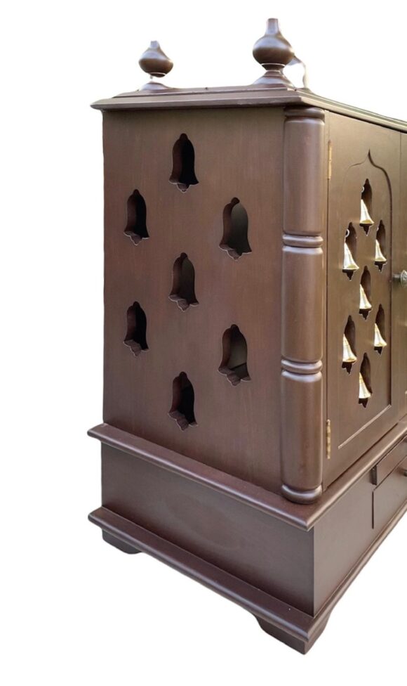 Pooja Mandir for home ,religious living House Office Decoration room handmade temple, Original Wood god stand with Doors with brass bells - Image 2