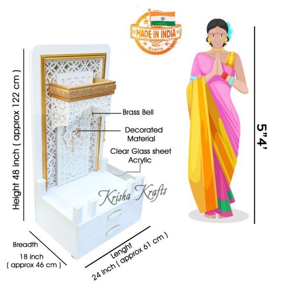 Pooja MANDIR for Home Temple Glossy White with Jali and LED Lights Size (L X B X H - in Inches) : 24.00 X 18.00 X 48.00 - Image 2