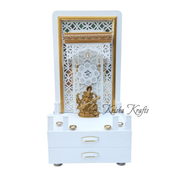 Pooja MANDIR for Home Temple Glossy White with Jali and LED Lights Size (L X B X H - in Inches) : 24.00 X 18.00 X 48.00