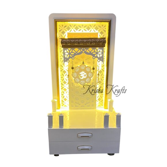 Pooja MANDIR for Home Temple Glossy White with Jali and LED Lights Size (L X B X H - in Inches) : 24.00 X 18.00 X 48.00 - Image 6