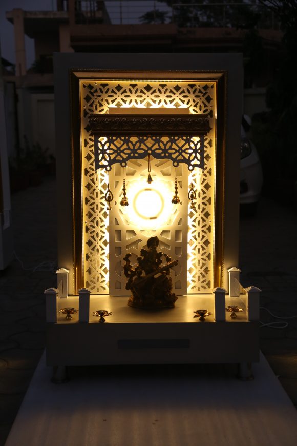 Pooja MANDIR for Home Temple Glossy White with Jali and LED Lights - Image 6