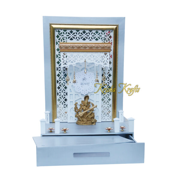 Pooja MANDIR for Home Temple Glossy White with Jali and LED Lights