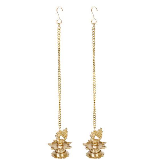 Brass Wall Hanging Diya (3 x 3 x 16 inches, Gold) Peacock Oil Lamp for Home Mandir Entrance Deepak Deepam Decor Temple Diwali Decoration Chain Hanging Diya Pair(2 Pcs).