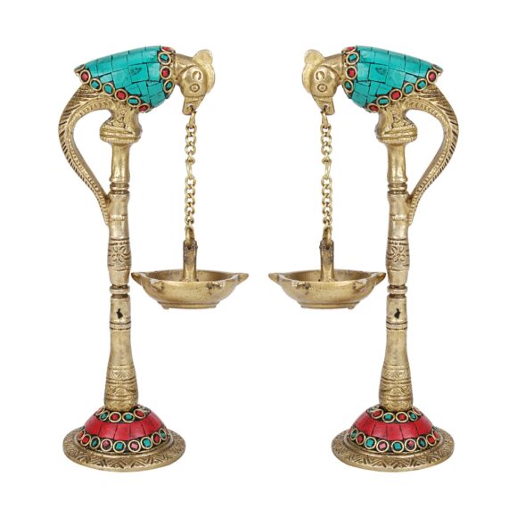 Brass Parrot Design Diya Hanging in Chain From Beak (Multi_2.3 Inch X 3.9 Inch X 7.4 Inch)