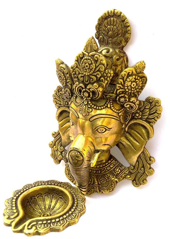 Brass murti of Lord Ganesha Ganapathi Vigneshwara Ganpati Idol with Diya Deepak Lamp on Trunk for Home Décor Diwali Pooja Gift Wall Hanging