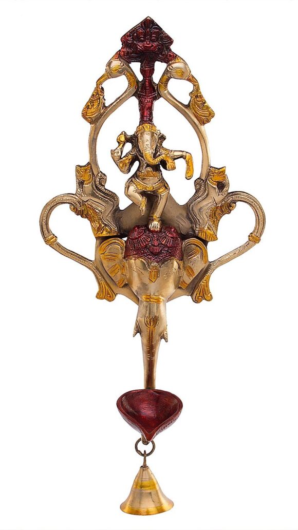 Brass Ganesh Idol Wall Hanging Diya with Bell Ganesha Statue Ganpati Murti for Home Entrance Decor Temple Pooja Deepam Diwali Wedding Gift