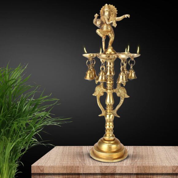16 Inches Large Brass Ganesha Diya with Bells for Puja Room | Dancing Oil Bell Lamp Stand Table Deepak Showpiece Home Decor