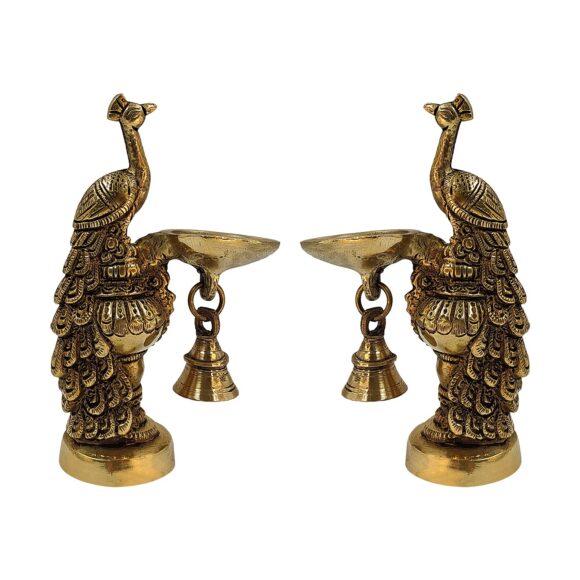 Brass Peacock Decorative Diya with Traditional Bell Antique Deepak Design Table Decor with Stand for Home Diwali Gift Temple Pooja Gold Color Height 6.5 Inch Set of Two