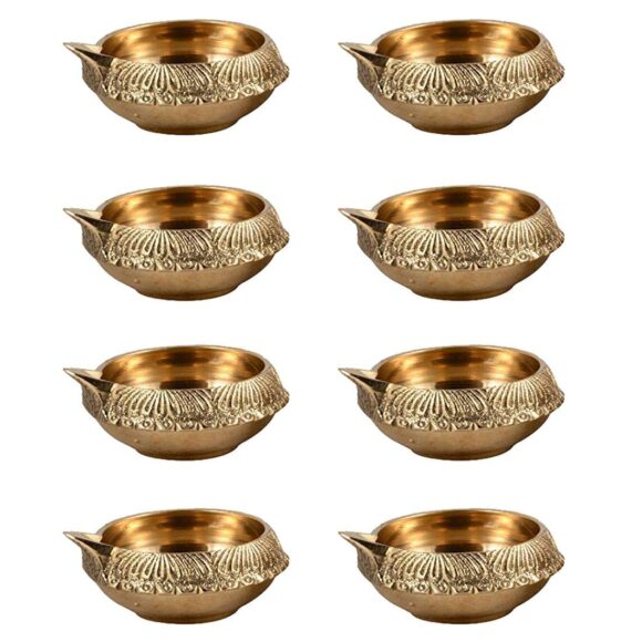 (Set of 10) Indian Puja Brass Oil Lamp - Golden Diya Lamp Engraved Design Dia - 2.5 Inch