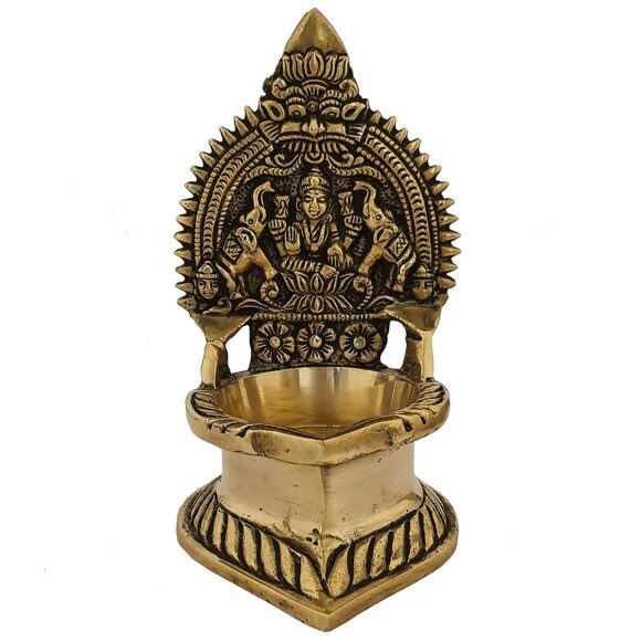 Oil Lamp Pooja Diya Brass Light Puja Decorations Mandir Decoration Items Handmade Home Backdrop Decor Lamps Made in India Decorative Sri Kamachi Amman Vilaku Kamakshi Vilakku - Golden