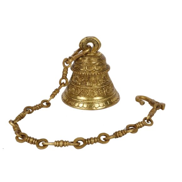 Religious Ethnic Indian God Lord Vishnu Dashavtar Engraved on Brass Hanging Bell- Gold, standard home decor