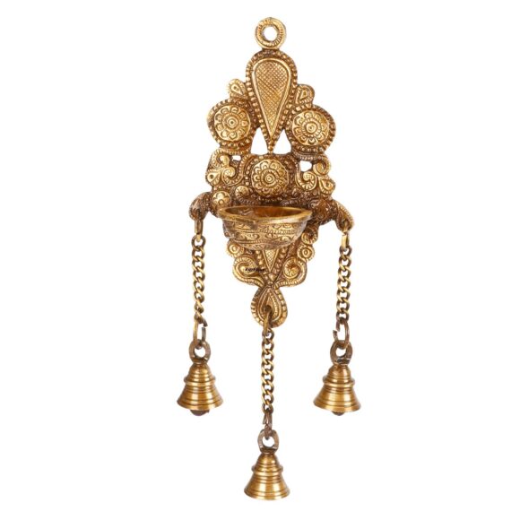 Brass Diya with Three Hanging Bells on Chain Designer Wall Diya Home Office Decor Deepak Decorative Deepam Showpiece Gifts in Gold Color Height 10 Inch