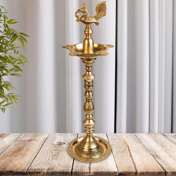2 Ft Big Brass Diya Peacock Inauguration Traditional Handmade Multiwick Oil Diya Kuthuvilakku Kiran Lamp for Temples, Diwali Puja, Functions Festival Gifts & Home Decor