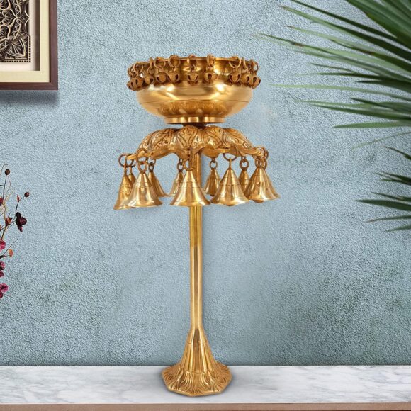 Brass Medium Size Traditional Urli Vessel for Home Decor Flower Petals in Water Decoration Bells on Elephant Trunk Living Room Showpiece Vastu Benefit Gold Height 8 Inch home decor