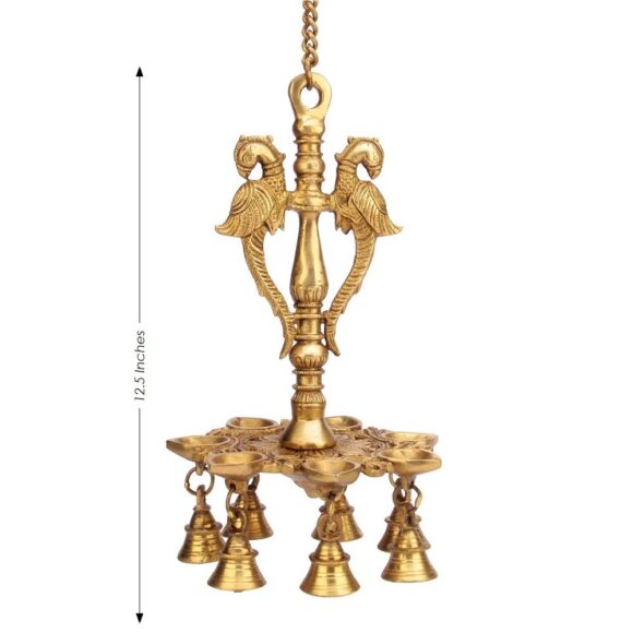 Brass Peacock Design Wall Hanging Diya with Chain and Bells (Gold_7 Inch X 7 Inch X 12.5 Inch), Antique Gold, Standard (MNPEACHAINKEHU)