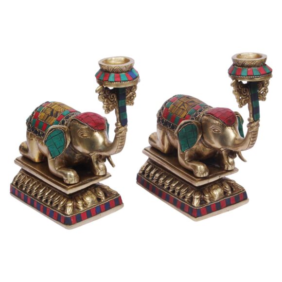 Brass Candle Holder on Elephant Trunk Pair Set Fengsui Vastu Hathi for Good Luck Success Prosperity Home Decor Marriage House Warming Gift Antique Multicolor Stone Work Height 8 Inch