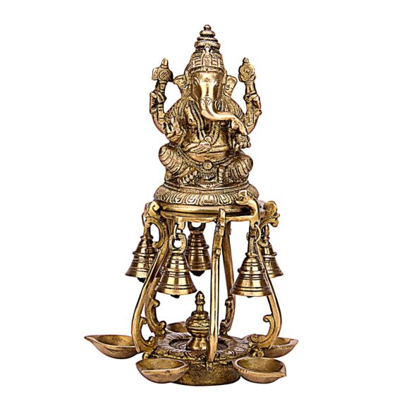 Brass Ganesh Idol with Set of Five Diya and Bells Table Stand Ganesha Statue Ganpati Murti for Home Entrance Decor Gift Diwali Pooja Deepam