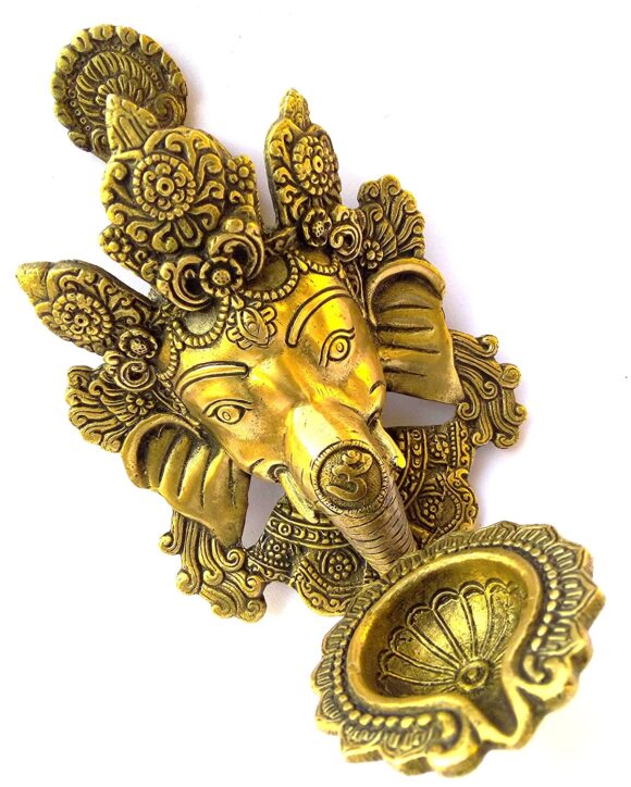 Brass murti of Lord Ganesha Ganapathi Vigneshwara Ganpati Idol with Diya Deepak Lamp on Trunk for Home Décor Diwali Pooja Gift Wall Hanging - Image 2