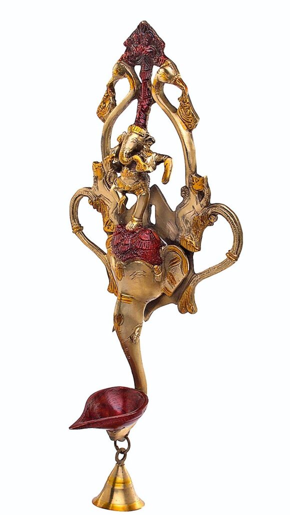 Brass Ganesh Idol Wall Hanging Diya with Bell Ganesha Statue Ganpati Murti for Home Entrance Decor Temple Pooja Deepam Diwali Wedding Gift - Image 2