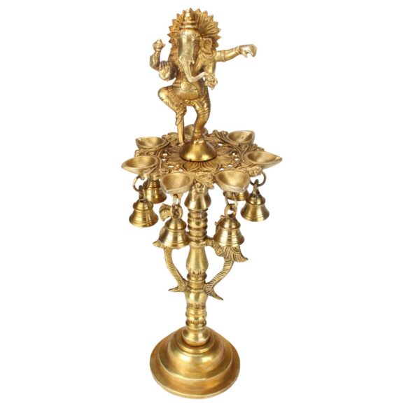 16 Inches Large Brass Ganesha Diya with Bells for Puja Room | Dancing Oil Bell Lamp Stand Table Deepak Showpiece Home Decor - Image 2