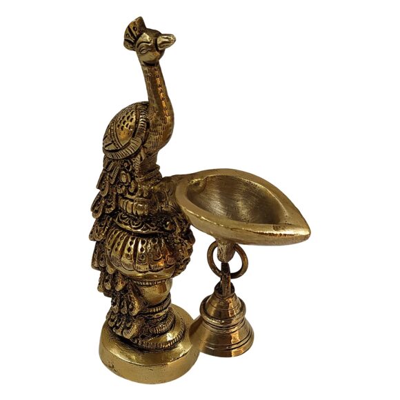 Brass Peacock Decorative Diya with Traditional Bell Antique Deepak Design Table Decor with Stand for Home Diwali Gift Temple Pooja Gold Color Height 6.5 Inch Set of Two - Image 2