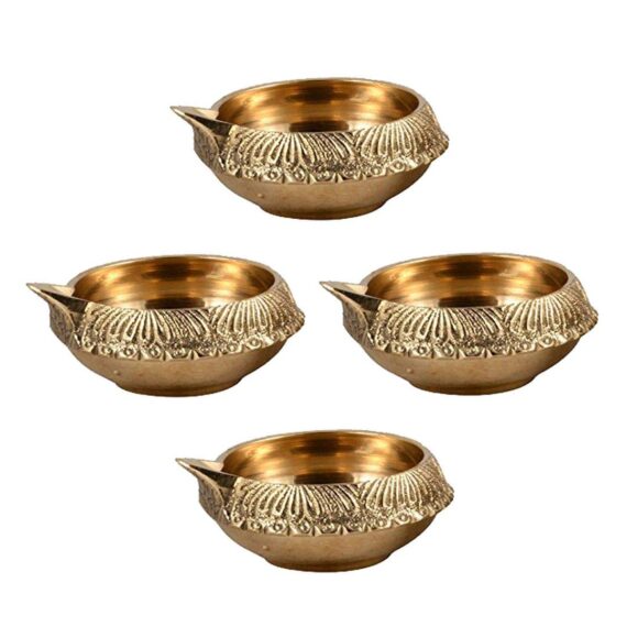 (Set of 10) Indian Puja Brass Oil Lamp - Golden Diya Lamp Engraved Design Dia - 2.5 Inch - Image 2