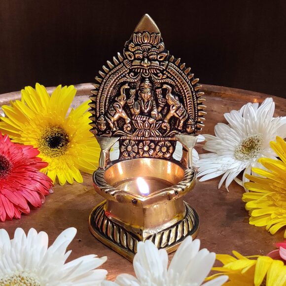 Oil Lamp Pooja Diya Brass Light Puja Decorations Mandir Decoration Items Handmade Home Backdrop Decor Lamps Made in India Decorative Sri Kamachi Amman Vilaku Kamakshi Vilakku - Golden - Image 2