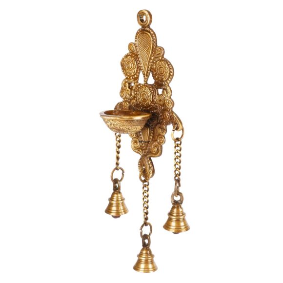 Brass Diya with Three Hanging Bells on Chain Designer Wall Diya Home Office Decor Deepak Decorative Deepam Showpiece Gifts in Gold Color Height 10 Inch - Image 2