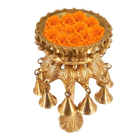 Brass Medium Size Traditional Urli Vessel for Home Decor Flower Petals in Water Decoration Bells on Elephant Trunk Living Room Showpiece Vastu Benefit Gold Height 8 Inch home decor - Image 2