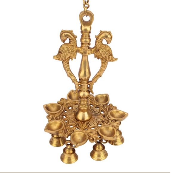 Brass Peacock Design Wall Hanging Diya with Chain and Bells (Gold_7 Inch X 7 Inch X 12.5 Inch), Antique Gold, Standard (MNPEACHAINKEHU) - Image 2