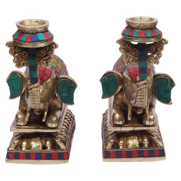 Brass Candle Holder on Elephant Trunk Pair Set Fengsui Vastu Hathi for Good Luck Success Prosperity Home Decor Marriage House Warming Gift Antique Multicolor Stone Work Height 8 Inch - Image 2