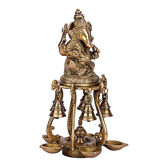 Brass Ganesh Idol with Set of Five Diya and Bells Table Stand Ganesha Statue Ganpati Murti for Home Entrance Decor Gift Diwali Pooja Deepam - Image 2