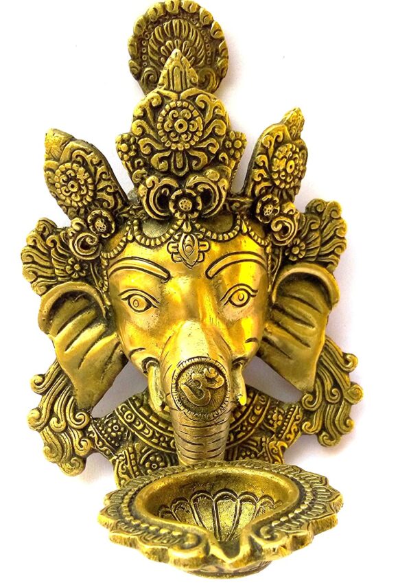 Brass murti of Lord Ganesha Ganapathi Vigneshwara Ganpati Idol with Diya Deepak Lamp on Trunk for Home Décor Diwali Pooja Gift Wall Hanging - Image 3