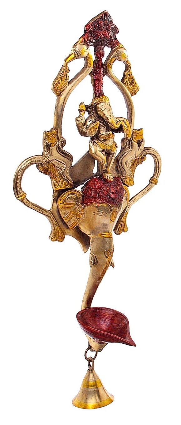 Brass Ganesh Idol Wall Hanging Diya with Bell Ganesha Statue Ganpati Murti for Home Entrance Decor Temple Pooja Deepam Diwali Wedding Gift - Image 3