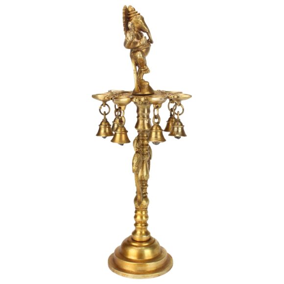 16 Inches Large Brass Ganesha Diya with Bells for Puja Room | Dancing Oil Bell Lamp Stand Table Deepak Showpiece Home Decor - Image 3