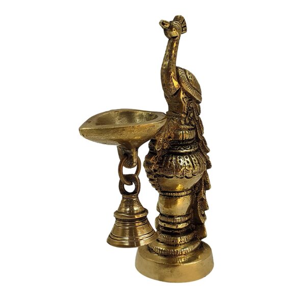 Brass Peacock Decorative Diya with Traditional Bell Antique Deepak Design Table Decor with Stand for Home Diwali Gift Temple Pooja Gold Color Height 6.5 Inch Set of Two - Image 3